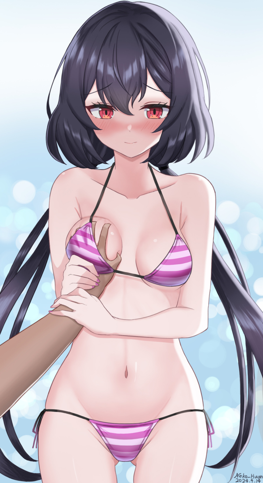 1girl 1other ass_visible_through_thighs bikini black_hair blush character_request chinese_commentary commentary_request counter:side cowboy_shot grabbing grabbing_another's_breast highres long_hair looking_at_viewer low_twintails lowleg lowleg_bikini neko_huan nose_blush red_eyes side-tie_bikini_bottom striped_bikini striped_clothes swimsuit twintails