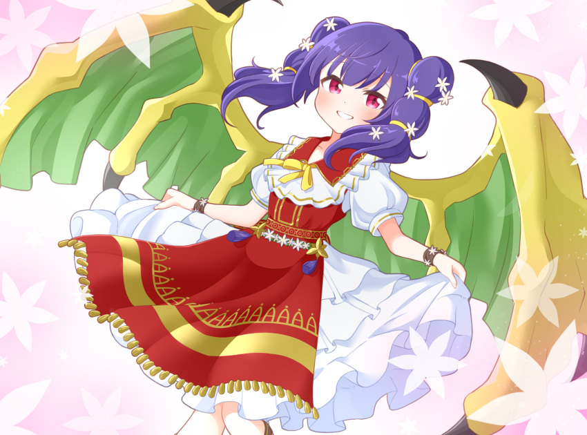 1girl commission dragon_wings dress fire_emblem fire_emblem:_the_sacred_stones fire_emblem_heroes flower hair_flower hair_ornament highres ikonaska myrrh_(fire_emblem) myrrh_(valentine)_(fire_emblem) official_alternate_costume puffy_short_sleeves puffy_sleeves purple_hair red_dress red_eyes short_sleeves skeb_commission skirt_hold smile solo twintails white_dress wings