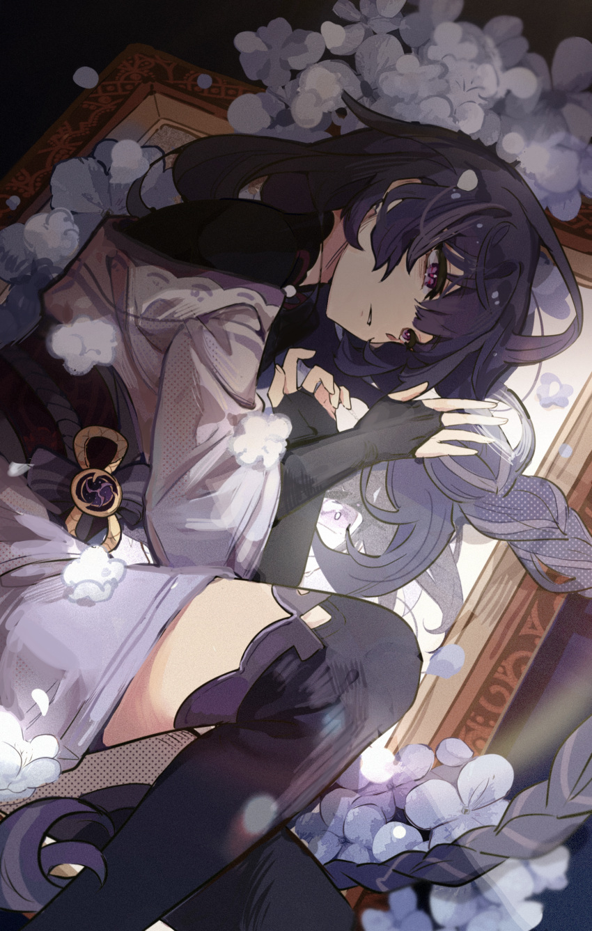 1girl absurdres blunt_bangs braid dark_background flower genshin_impact highres japanese_clothes long_hair looking_to_the_side lying mitsudomoe_(shape) on_side picture_frame purple_eyes purple_hair raiden_shogun single_braid solo sunlight tomoe_(symbol) xianyu125