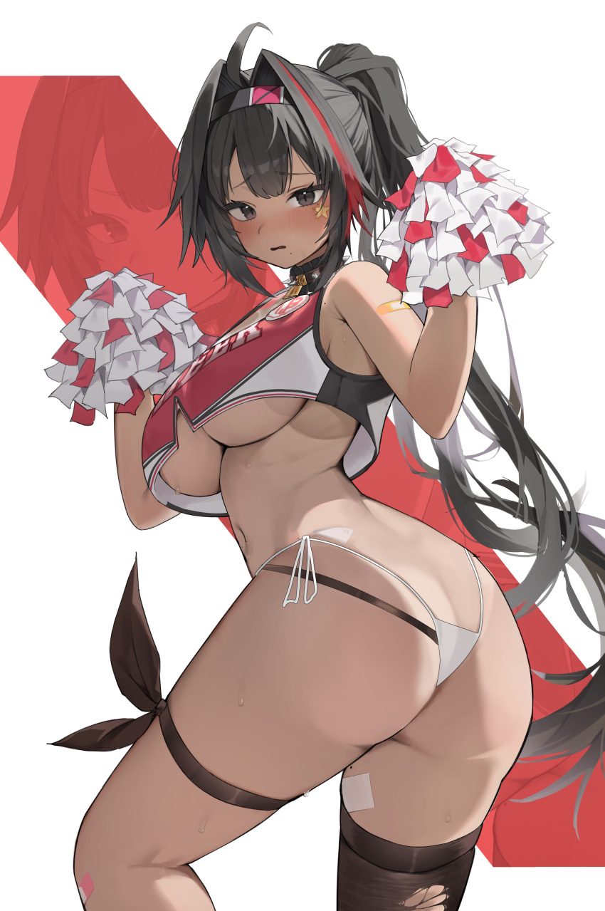 1girl absurdres ahoge ass bandaid bandaid_on_arm bandaid_on_knee bandaid_on_leg bandaid_on_thigh bare_shoulders bay_(nikke) black_hair black_thighhighs blush breasts cheerleader collar crop_top crop_top_overhang dark-skinned_female dark_skin from_behind furrowed_brow gmuk goddess_of_victory:_nikke grey_eyes hair_between_eyes hair_intakes hands_up highleg highleg_panties highres holding holding_pom_poms large_breasts lock long_hair looking_at_viewer mole mole_on_stomach mole_on_thigh mole_under_mouth multicolored_hair navel padlock padlocked_collar panties parted_lips pom_pom_(cheerleading) ponytail red_hair red_tank_top side-tie_panties solo spiked_collar spikes star_sticker sticker_on_face stomach streaked_hair sweat tank_top thigh_strap thighhighs thighs torn_clothes torn_thighhighs twisted_torso underboob underwear very_long_hair wavy_mouth white_panties