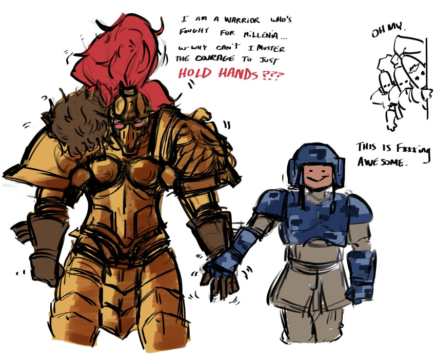 1boy 4girls adeptus_custodes armor astra_militarum blush clenched_hand dj_b3n1 fur_trim highres holding_hands looking_at_viewer multiple_girls nervous plume power_armor smile warhammer_40k white_background