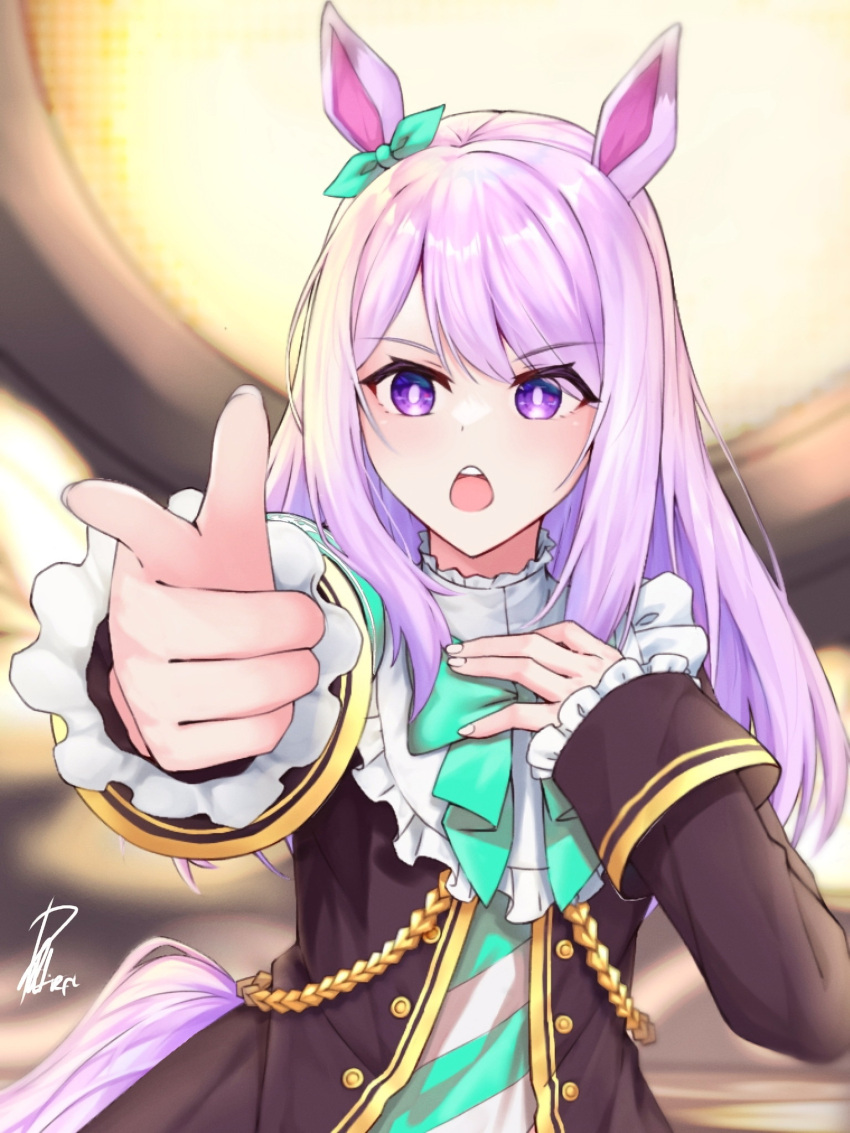 1girl :o animal_ears black_jacket bow bowtie ear_bow green_bow green_bowtie hand_on_own_chest highres horse_ears horse_girl jacket long_hair looking_at_viewer mejiro_mcqueen_(umamusume) neko_reina pointing pointing_at_viewer purple_eyes purple_hair signature solo umamusume upper_body