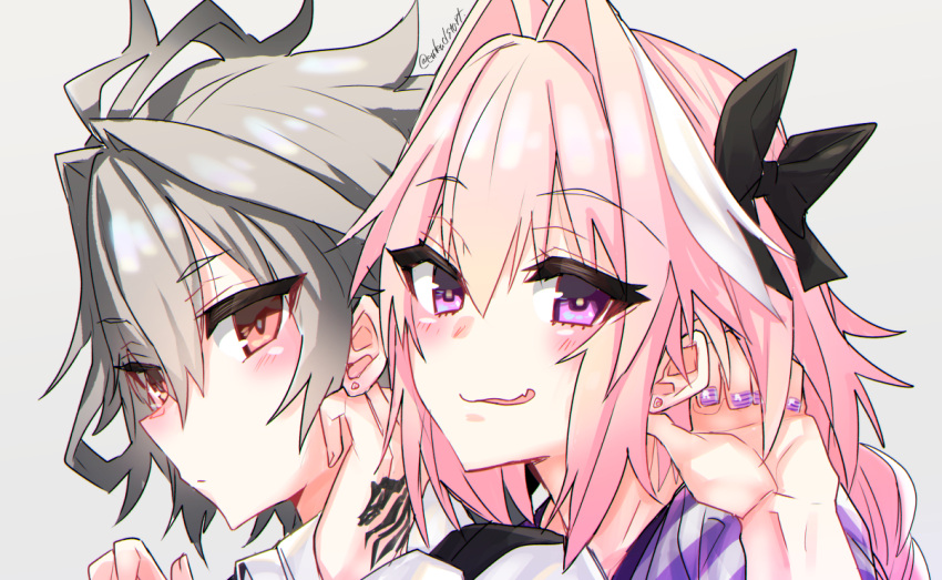 2boys ahoge astolfo_(fate) astolfo_(memories_at_trifas)_(fate) black_bow black_vest blush bow braid closed_mouth command_spell eyelashes fang fate/apocrypha fate_(series) grey_background grey_hair hair_between_eyes hair_bow hair_intakes hand_on_own_chin hand_up haoro long_hair male_focus multicolored_hair multiple_boys nail_polish orange_eyes otoko_no_ko parted_lips pink_hair portrait purple_eyes purple_nails red_eyes shirt short_hair sidelocks sieg_(fate) signature single_braid single_hair_ring skin_fang smile streaked_hair striped_clothes striped_nails striped_shirt two-tone_hair vest wavy_mouth white_hair white_shirt