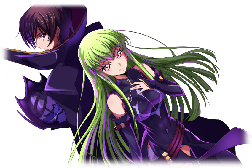 1boy 1girl arm_at_side artist_request back-to-back bare_shoulders belt black_cape black_dress black_hair black_sleeves breasts c.c. cape closed_mouth code_geass code_geass:_lost_stories covered_navel cowboy_shot cropped_legs detached_sleeves dress dutch_angle game_cg green_hair half-closed_eyes hand_on_own_chest hand_up happy helmet high_collar highres holding holding_helmet lelouch_vi_britannia long_hair looking_at_viewer looking_back medium_breasts multiple_belts non-web_source official_art purple_eyes short_hair short_shorts shorts shorts_under_dress sidelocks sideways_mouth simple_background sleeveless sleeveless_dress smile split_mouth standing transparent_background underlighting unworn_headwear unworn_helmet very_long_hair white_shorts yellow_eyes