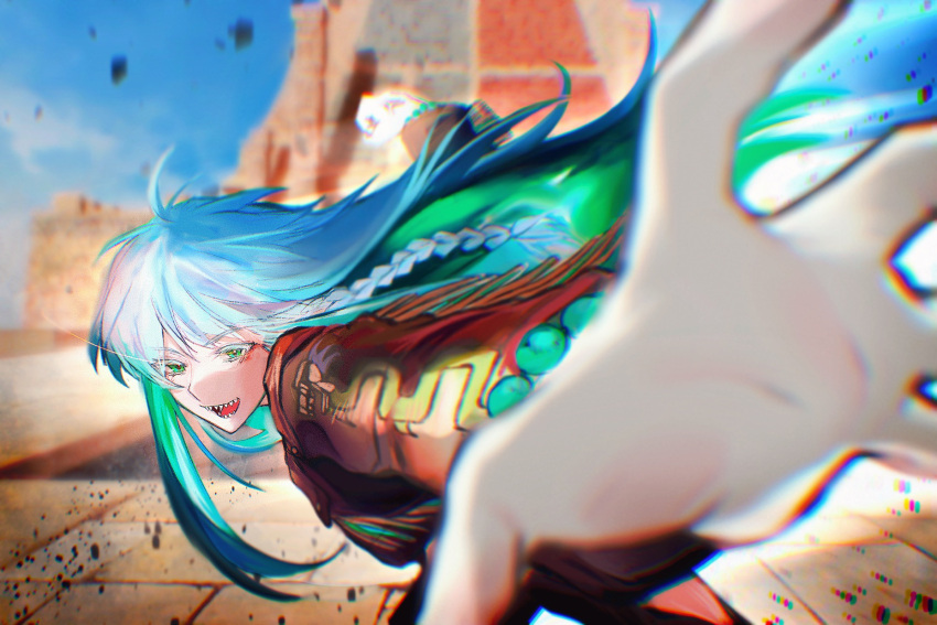 1girl blue_hair blue_sky blurry braid clenched_hand depth_of_field fate/grand_order fate_(series) green_eyes highres itsumo133 kukulkan_(fate) kukulkan_(first_ascension)_(fate) long_hair long_sleeves looking_at_viewer meme mexican_clothes open_mouth outdoors pepe_punch_(meme) sharp_teeth sky solo teeth