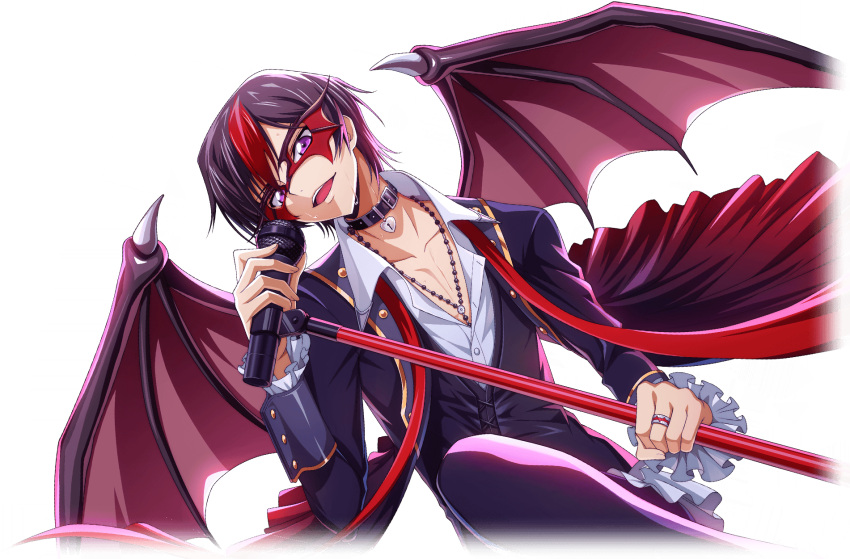 1boy artist_request black_coat black_hair black_jacket black_pants buttons coat code_geass code_geass:_lost_stories collar collarbone collared_shirt demon_boy demon_wings frilled_coat frilled_sleeves frills full_body game_cg hand_up happy head_tilt heart-shaped_lock highres holding holding_microphone holding_microphone_stand jacket jewelry leg_up lelouch_vi_britannia long_sleeves looking_at_viewer male_focus mask masquerade_mask microphone microphone_stand multicolored_hair music necklace non-web_source official_art open_clothes open_mouth open_shirt pants purple_eyes red_hair red_wings ring shirt short_hair sidelocks simple_background singing smile solo spiked_wings standing sweat teeth transparent_background two-tone_hair white_shirt wings