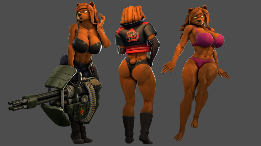 16:9 2022 5_fingers abs anthro armwear black_armwear black_boots black_clothing black_footwear boots breasts brown_arms brown_body brown_butt brown_ears brown_fingers brown_fur brown_hair brown_hands brown_legs brown_tail butt cleavage clothed clothing dasha_(petruz) female fingers footwear fur grey_background hair hi_res holding_object holding_weapon mammal midriff monotone_body monotone_fur muscular muscular_anthro muscular_female open_mouth petruz simple_background solo teeth ursid weapon widescreen