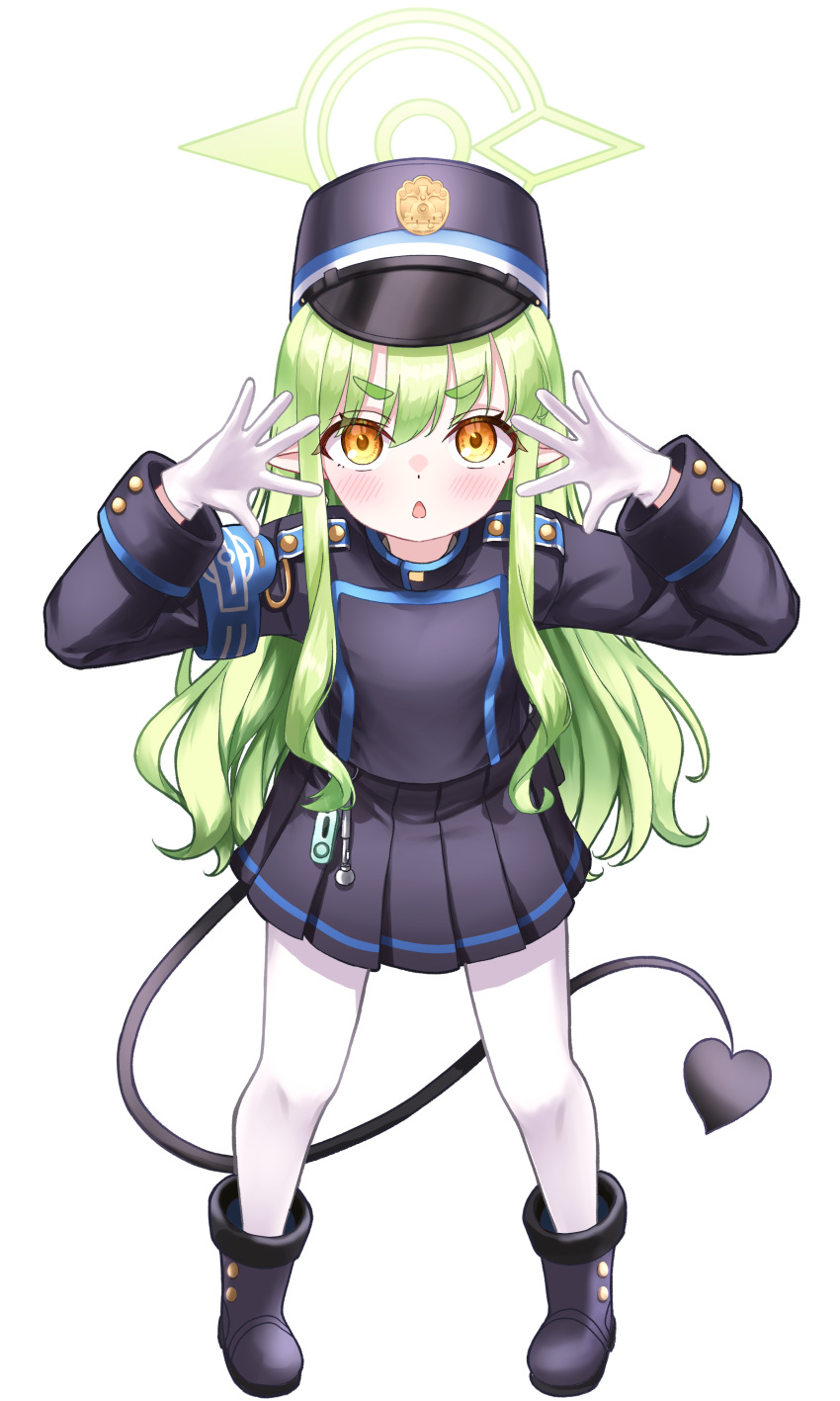 1girl absurdres black_hat black_jacket black_skirt blue_archive blush demon_girl demon_tail gloves green_hair green_halo halo highres hikari_(blue_archive) jacket kuma_piv long_hair looking_at_viewer open_mouth pantyhose pointy_ears shoes skirt solo tail white_gloves white_pantyhose yellow_eyes