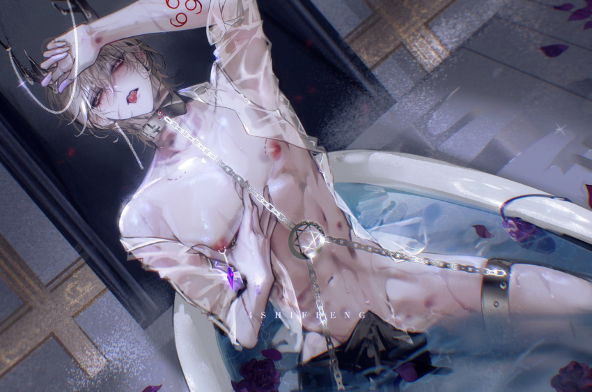 1boy abs arm_tattoo bare_pectorals bathroom bathtub bottomless chain chain_leash collar demon_boy demon_horns hexagram highres horns leash leviathan_(what_in_hell_is_bad) male_focus nipple_piercing nipples pectorals piercing pink_eyes see-through see-through_shirt shirt short_hair star_of_david strangle_mark tattoo toned toned_male wet wet_clothes wet_shirt what_in_hell_is_bad white_hair