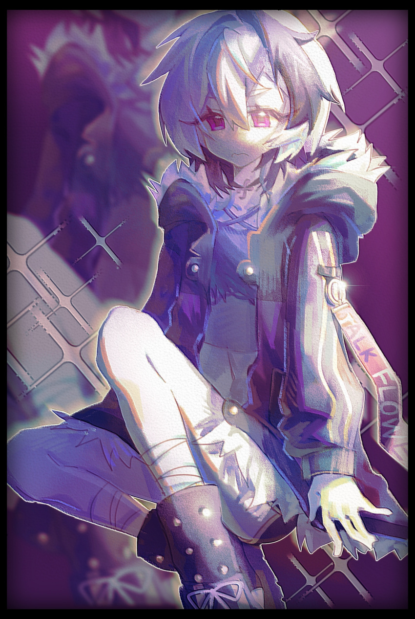 1girl bandaged_leg bandages black_footwear black_hair choker crop_top flower_(gynoid_talk) flower_(vocaloid) fur_trim gynoid_talk highres jacket midriff multicolored_hair open_clothes open_jacket purple_eyes purple_jacket shirt short_hair_with_long_locks short_shorts shorts sitting tomboy torn_clothes torn_shirt two-tone_hair user_hsta8534 vocaloid white_hair