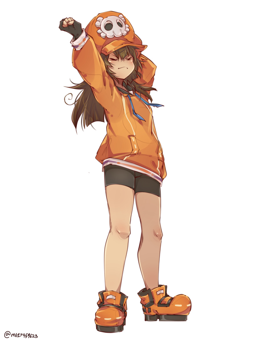 1girl bike_shorts black_gloves black_shorts brown_hair cabbie_hat fingerless_gloves gloves guilty_gear guilty_gear_strive hat hat_ornament highres hood hoodie long_hair long_sleeves may_(guilty_gear) mil17459623 orange_footwear orange_hat orange_hoodie shorts skull_and_crossbones skull_hat_ornament