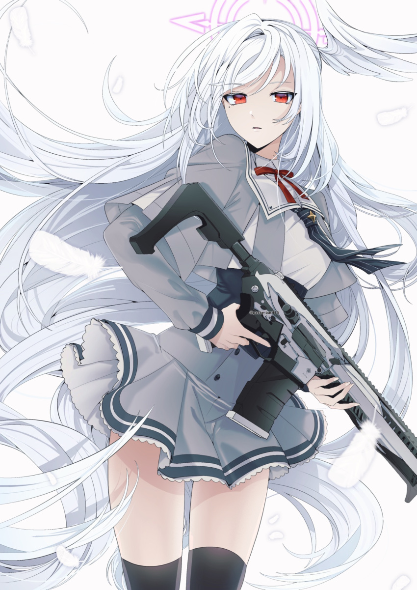 1girl black_thighhighs blue_archive feathered_wings feathers grey_skirt gun halo head_wings highres holding holding_gun holding_weapon long_hair long_sleeves parted_lips pasta_bar415 red_eyes school_uniform simple_background single_head_wing skirt solo suzumi_(blue_archive) thighhighs twitter_username very_long_hair weapon white_background white_hair white_wings wings