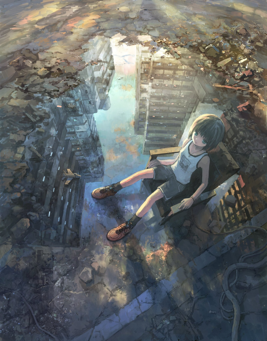 1girl aircraft airplane bob_cut building cable chair city debris green_eyes highres jewelry necklace original outdoors puddle reflection road rubble ruins shorts sitting sky skyscraper solo tank_top tokunaga_akimasa toy_airplane urban water wire