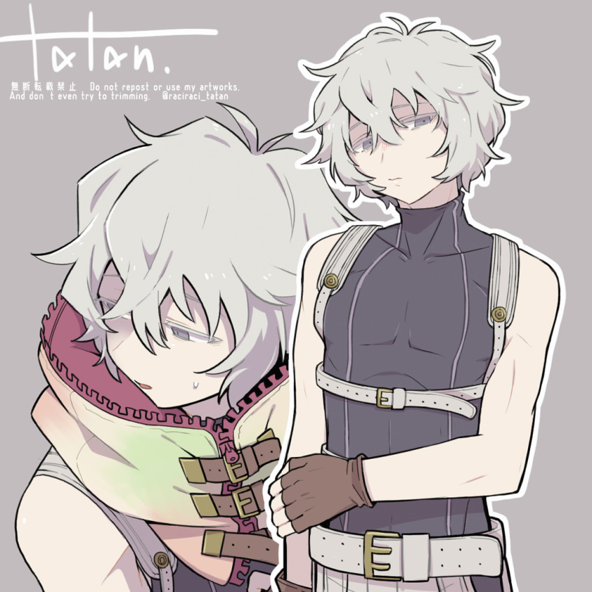 1boy artist_name bags_under_eyes bare_shoulders belt detached_sleeves fingerless_gloves gloves gnosia grey_eyes grey_hair hair_between_eyes hood looking_at_viewer male_focus purple_eyes raciraci_tatan remnan_(gnosia) short_hair simple_background solo