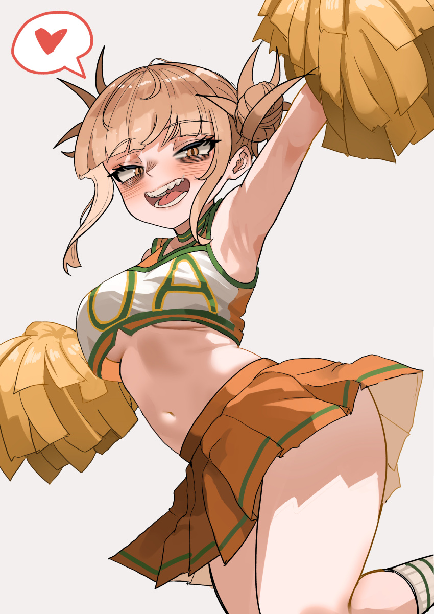 1girl absurdres bags_under_eyes blonde_hair boku_no_hero_academia breasts double_bun fangs hair_bun highres looking_at_viewer messy_hair narrowed_eyes open_mouth simple_background slit_pupils smile solo toga_himiko u.a._cheerleader_uniform yellow_eyes zd_(pixiv6210083)