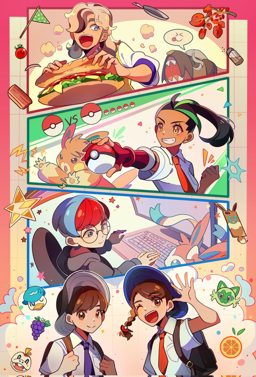 2boys 3girls arven_(pokemon) backpack bag black_hair blue_hair braid breasts brown_eyes brown_hair collared_shirt dark-skinned_female dark_skin eyelashes florian_(pokemon) food glasses gloves green_hair hair_over_one_eye hat highres holding hood hoodie juliana_(pokemon) long_hair multicolored_hair multiple_boys multiple_girls naranja_academy_school_uniform necktie nemona_(pokemon) open_mouth pawmot penny_(pokemon) pokemon pokemon_(creature) pokemon_sv ponytail red_hair round_eyewear school_uniform selyg15 shirt short_hair short_sleeves smile sylveon teeth two-tone_hair uva_academy_school_uniform vest