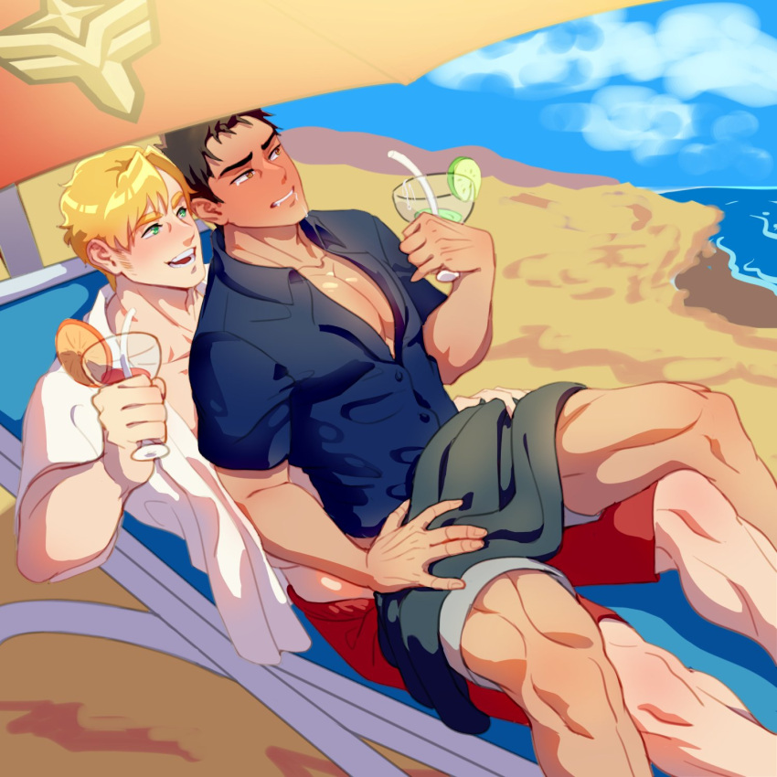 2boys alternate_costume ao_isami bara beach beach_umbrella black_hair blonde_hair blush cocktail couple day facial_hair feet_out_of_frame highres lewis_smith male_focus male_swimwear multiple_boys ocean pectoral_cleavage pectorals sand shy sideburns_stubble sitting sitting_on_lap sitting_on_person stubble sunsetcolorscat swim_trunks thick_eyebrows umbrella yaoi yuuki_bakuhatsu_bang_bravern