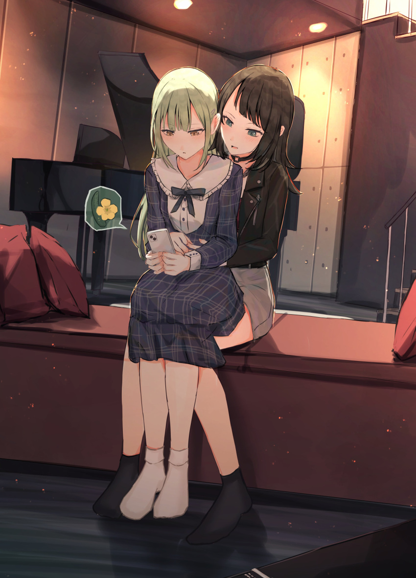 2girls absurdres bang_dream! bang_dream!_it's_mygo!!!!! belt benevole black_belt black_choker black_hair black_jacket blue_dress blush cellphone choker commentary dress green_eyes green_hair grey_skirt hair_ornament hairclip highres holding holding_phone indoors instrument jacket light_particles long_hair long_sleeves medium_hair multiple_girls no_shoes open_mouth parted_lips phone piano plaid plaid_dress red_shirt shirt sitting sitting_on_lap sitting_on_person skirt smartphone wakaba_mutsumi yahata_umiri yellow_eyes yuri