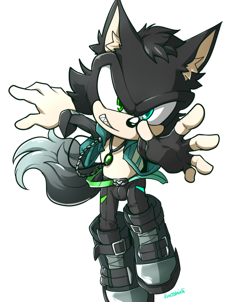 1boy animal_ears black_footwear black_gloves cat_ears character_request full_body gloves green_eyes green_jacket heterochromia highres jacket jewelry kuroshinki looking_at_viewer male_focus necklace open_clothes open_jacket original reaching reaching_towards_viewer shoe_strap shoes signature single_glove smile solo sonic_(series) tail teeth transparent_background