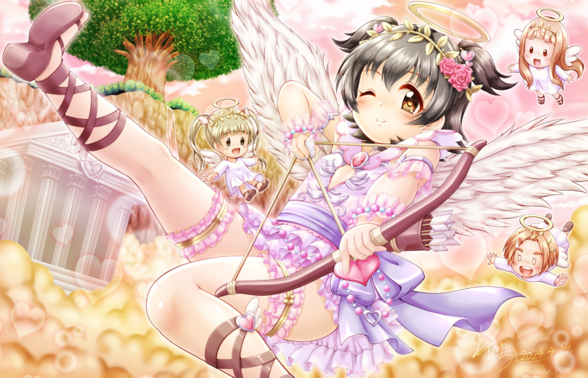 0_0 4girls :d ;) akagi_miria arrow_(projectile) black_hair blush bow_(weapon) brown_eyes brown_hair chibi closed_mouth cloud cloudy_sky drawing_bow dress feathered_wings flower forehead hair_flower hair_ornament halo heart holding holding_arrow holding_bow_(weapon) holding_weapon ichihara_nina idolmaster idolmaster_cinderella_girls layered_dress long_sleeves mini_person minigirl multiple_girls one_eye_closed outdoors parted_bangs pillar pink_flower pink_rose pleated_dress purple_dress quiver regular_mow rose ryuzaki_kaoru short_eyebrows sky sleeveless sleeveless_dress smile teeth thick_eyebrows tree twintails upper_teeth_only weapon white_dress white_wings wings yokoyama_chika