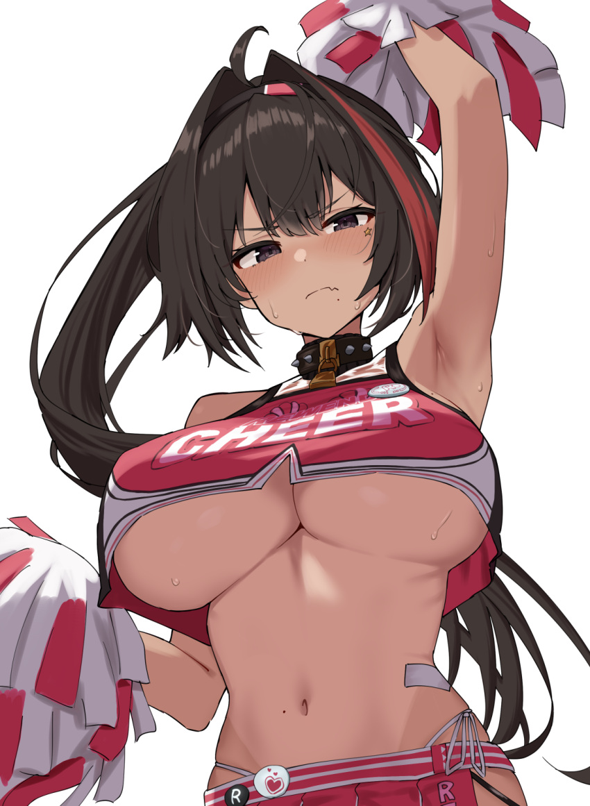 1girl ahoge arm_up armpits bandaid_on_stomach bare_shoulders bay_(nikke) black_choker black_hair blush breasts cheerleader choker cleavage collar crop_top dark-skinned_female dark_skin fang goddess_of_victory:_nikke grey_eyes hair_between_eyes hair_intakes highleg highleg_panties highres holding holding_pom_poms large_breasts lock long_hair looking_at_viewer mole mole_on_breast mole_on_stomach mole_under_mouth multicolored_hair navel padlock padlocked_collar panties pom_pom_(cheerleading) ponytail red_hair red_skirt red_tank_top skin_fang skirt solo spiked_choker spiked_collar spikes star_sticker sticker_on_face stomach streaked_hair sweat tank_top underboob underwear upper_body very_long_hair white_background white_panties xi_oshir1