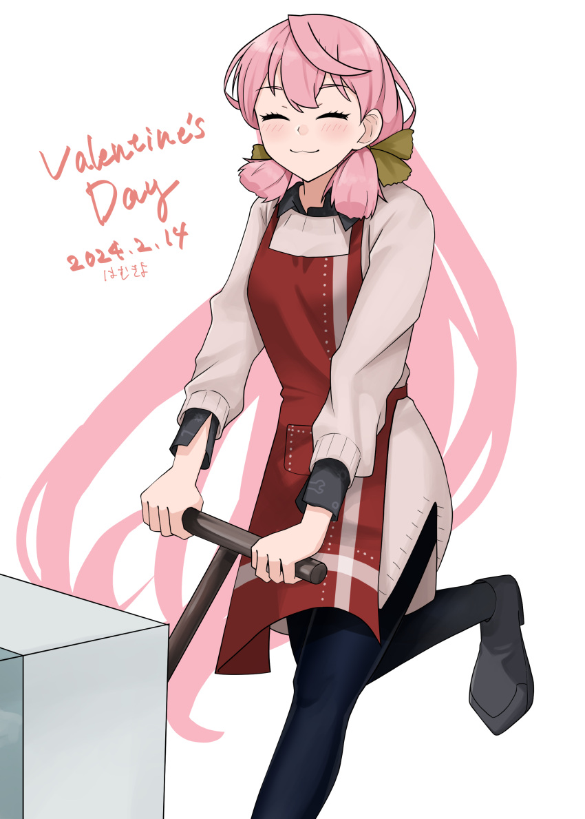 1girl 2024 absurdres akashi_(kancolle) apron black_pants cart closed_eyes dated feet_out_of_frame hair_ribbon hamukiyo highres kantai_collection kappougi long_hair pants pink_hair red_apron ribbon simple_background smile solo valentine white_background