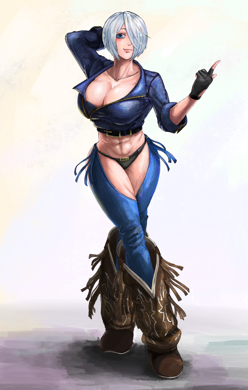 abs absurdres angel_(kof) boots breasts cowboy_boots fighting_game gloves highres jacket large_breasts muscular muscular_female short_hair the_king_of_fighters white_hair