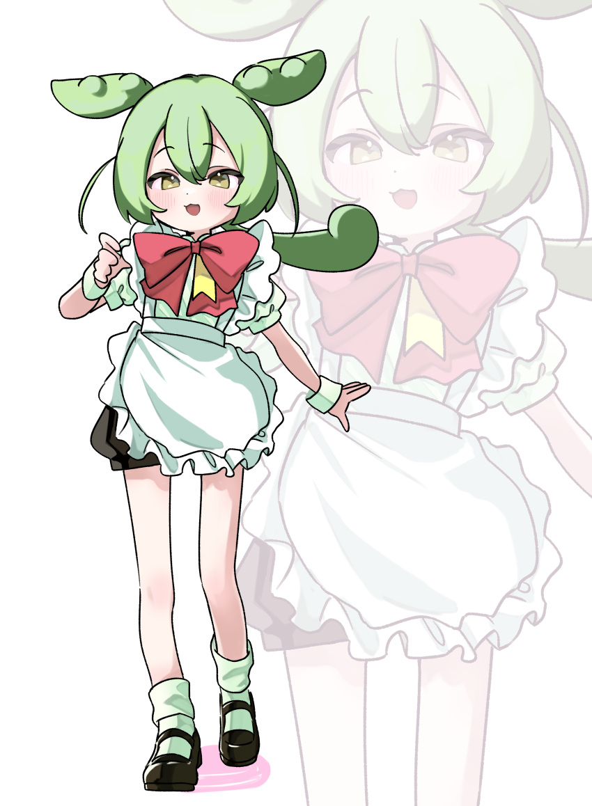 1girl :3 absurdres alternate_costume apron black_shorts blush bow bowtie full_body green_eyes green_hair green_shirt green_socks half-closed_eyes highres large_bow long_hair looking_at_viewer low_ponytail mary_janes okusuri_nometane open_mouth puffy_short_sleeves puffy_shorts puffy_sleeves raised_eyebrows red_bow red_bowtie shirt shoes short_sleeves shorts simple_background smile socks solo voicevox waist_apron walking white_background wrist_cuffs zoom_layer zundamon