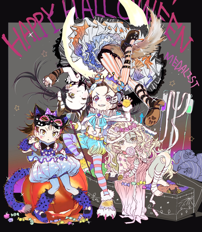 animal_ears barefoot blush cat_ears cat_tail child feet halloween highres kamisaki_hikaru medalist_(manga) multiple_girls mummy_costume non-web_source official_art one_side_up ryoka_miketa tail tsurumai_kada wolf_ears wolf_tail yoh_kago_(medalist) yuitsuka_inori