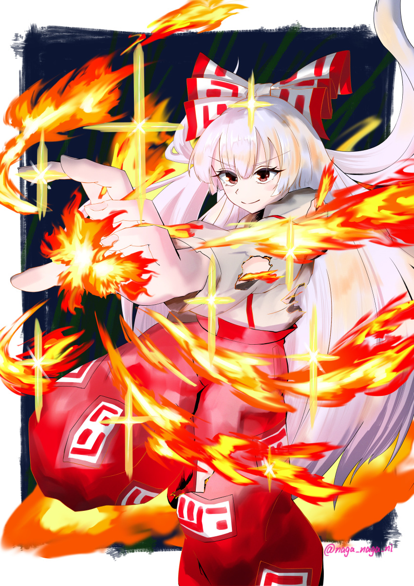 1girl absurdres bow brown_eyes closed_mouth commentary_request fire fujiwara_no_mokou hair_bow highres long_hair long_sleeves naga38 ofuda ofuda_on_clothes pants pyrokinesis red_pants shirt smile solo suspenders torn_clothes torn_shirt touhou twitter_username very_long_hair white_hair