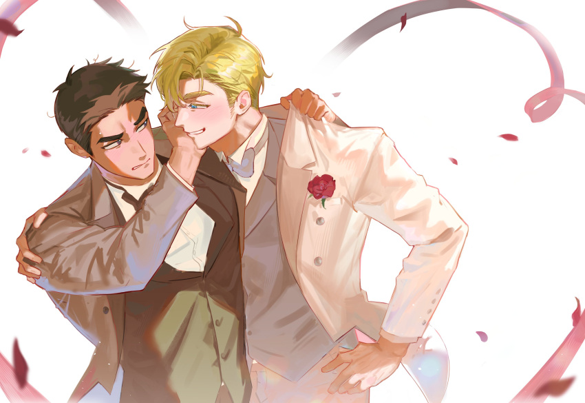 2boys absurdres ao_isami black_hair blonde_hair couple facial_hair flower frown gamti0 highres huge_eyebrows husband_and_husband lewis_smith male_focus multiple_boys official_alternate_costume rejected_kiss rose sideburns_stubble stubble suit thick_eyebrows upper_body wedding yaoi yuuki_bakuhatsu_bang_bravern