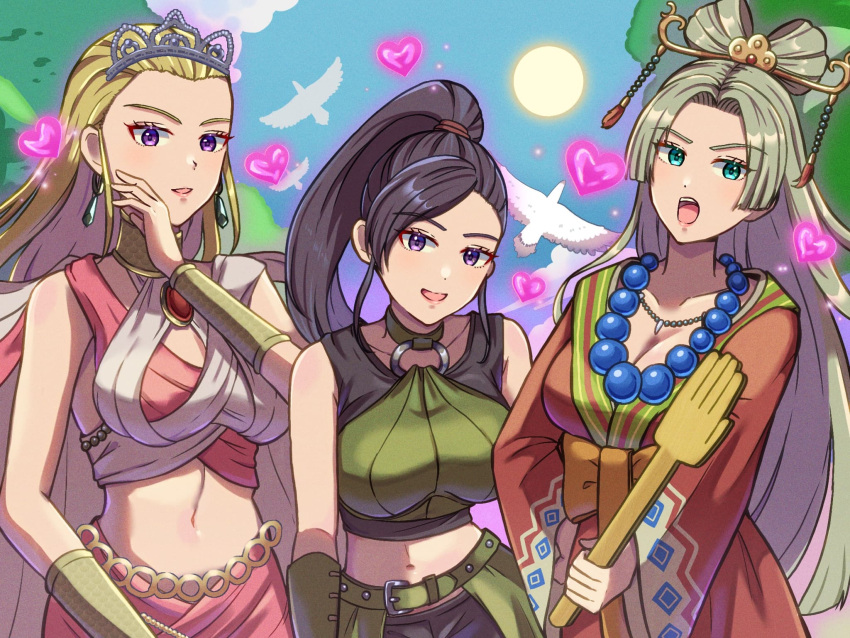 3girls :o beads bird blonde_hair blue_eyes blush bracelet breasts ch1emon_i cleavage collarbone dragon_quest dragon_quest_xi earrings full_moon grey_hair hair_ornament heart highres jewelry large_breasts leaning_forward martina_(dq11) midriff moon multiple_girls necklace nima_daishi ponytail purple_eyes purple_hair selen_(dq11) thighhighs tiara