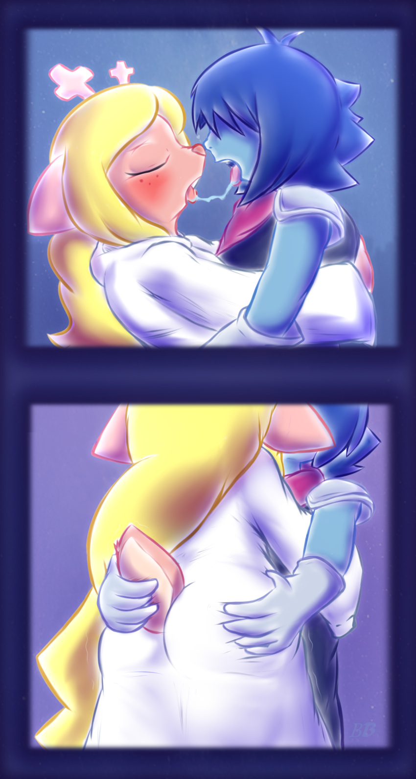 absurd_res after_kiss anthro armor bingbingo_(artist) blonde_hair blue_body blue_hair blush bodily_fluids butt butt_grab cervid clothing deltarune doe_with_antlers duo female french_kissing grope hair hair_over_eye hand_on_butt hi_res human kissing kris_(deltarune) male mammal noelle_holiday one_eye_obstructed robe saliva scarf tail_grab undertale_(series) video_games