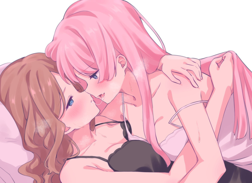 2girls after_kiss bang_dream! bang_dream!_it's_mygo!!!!! black_camisole blue_eyes breasts breath brown_hair camisole chihaya_anon cleavage collarbone commentary couple eye_contact hashtag-only_commentary highres long_hair looking_at_another lying medium_breasts meu203 multiple_girls nagasaki_soyo pink_hair saliva saliva_trail simple_background sweat white_background white_camisole yuri