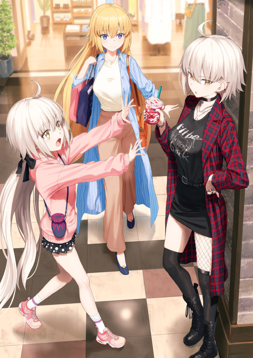 3girls :d ahoge alternate_costume bag black_footwear black_nails black_shirt black_skirt black_thighhighs blonde_hair blue_coat blue_footwear blurry breasts brown_pants casual character_print closed_mouth clothes_shop coat cross-laced_footwear depth_of_field drinking_straw earrings fate/grand_order fate_(series) gilles_de_rais_(caster)_(fate) highres holding hood hood_down hoodie jacket jeanne_d'arc_(fate) jeanne_d'arc_alter_(fate) jeanne_d'arc_alter_santa_lily_(fate) jewelry kamo_ashi large_breasts looking_at_another miniskirt multiple_girls open_mouth pants parted_lips pencil_skirt pink_footwear pink_hoodie ponytail print_shirt purple_eyes red_jacket shirt shoes shopping_bag short_hair single_fishnet_legwear skirt smile sneakers socks sweater thighhighs tile_floor tiles white_hair white_socks white_sweater yellow_eyes