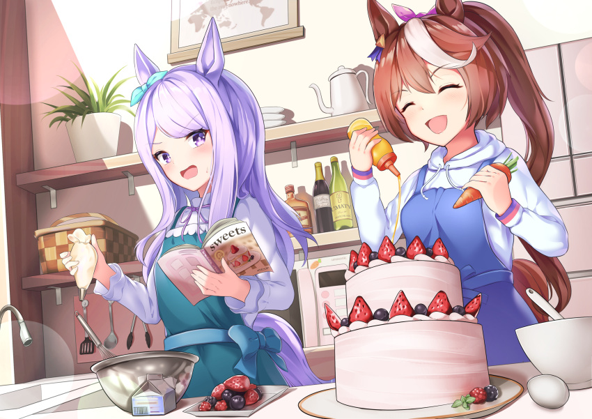 2girls ^_^ animal_ears blush brown_hair cake closed_eyes cooking ear_ribbon food highres horse_ears horse_girl horse_tail indoors kitchen long_hair looking_at_another mejiro_mcqueen_(umamusume) multiple_girls purple_hair sideways_glance sunny_(20597521) sweatdrop tail tokai_teio_(umamusume) umamusume