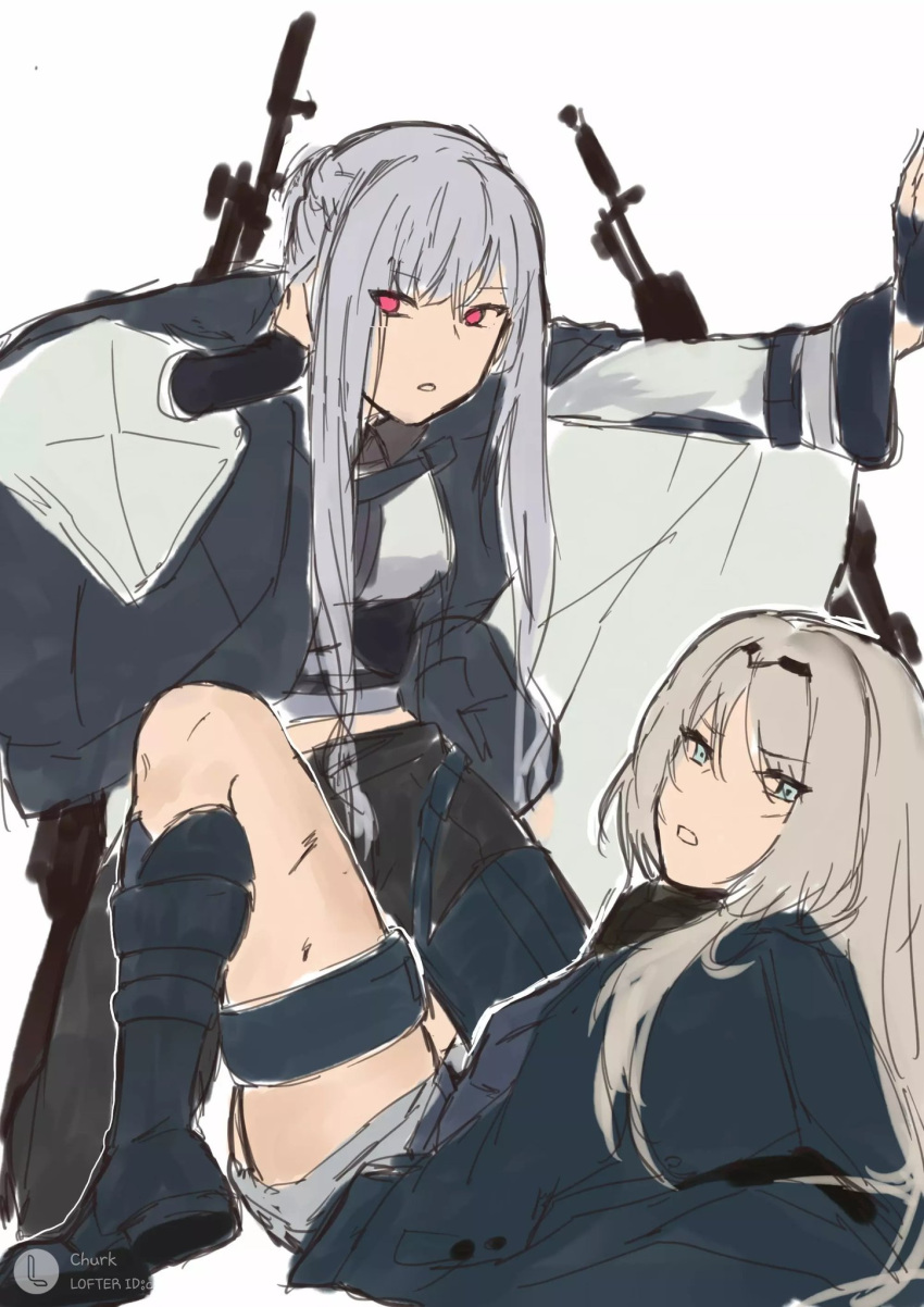 2girls ak-12_(girls'_frontline) an-94_(girls'_frontline) aqua_eyes arm_support bangs black_hairband black_pants blonde_hair boots breasts churk defy_(girls'_frontline) from_side girls'_frontline grey_hair gun gun_on_back hairband hand_in_own_hair highres jacket kneeling lofter_username long_hair long_sleeves looking_at_viewer multiple_girls on_floor open_mouth pants purple_eyes sidelocks tactical_clothes weapon weapon_on_back white_background