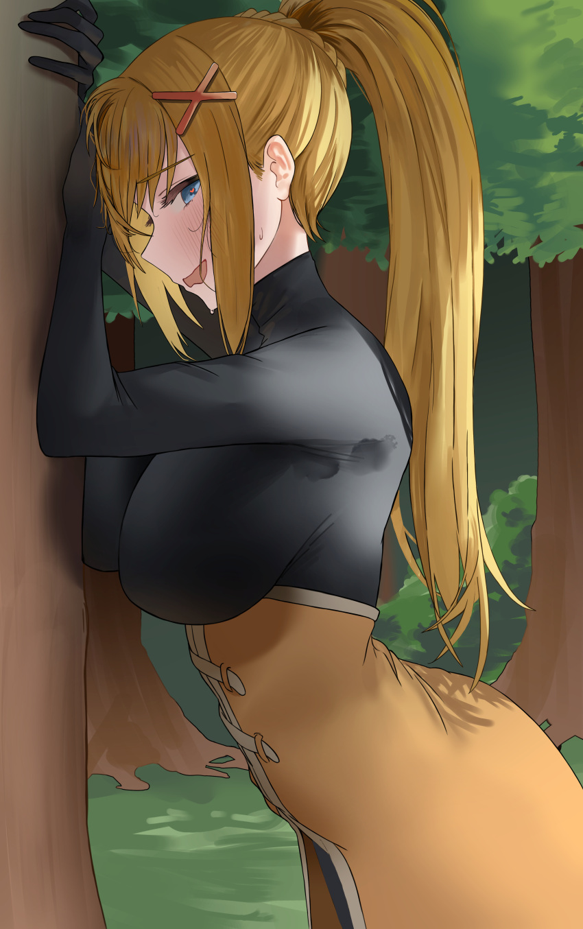 1girl absurdres black_bodysuit blonde_hair blue_eyes blush bodysuit breasts cape darkness_(konosuba) from_side hair_ornament highres kono_subarashii_sekai_ni_shukufuku_wo! large_breasts looking_at_viewer masochism open_mouth outdoors pdal_(pdalhhh) ponytail sideways_glance solo sweat waist_cape wavy_mouth x_hair_ornament yellow_cape