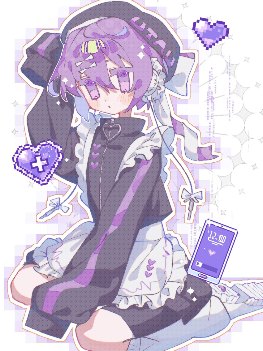 1girl alternate_costume apron arm_between_legs beret bike_shorts black_hat black_jacket blush cable cellphone full_body hair_ornament hairclip hand_up hat heart highres jacket jersey_maid leg_warmers looking_at_viewer maid meguru_(chitose_meguru) open_mouth outline phone pixel_heart purple_eyes purple_hair purple_outline robot_ears shoes short_hair sitting sleeves_past_fingers sleeves_past_wrists smartphone solo timestamp track_jacket unconventional_maid utane_uta utau waist_apron wariza white_apron white_background white_footwear white_leg_warmers white_outline zipper_pull_tab