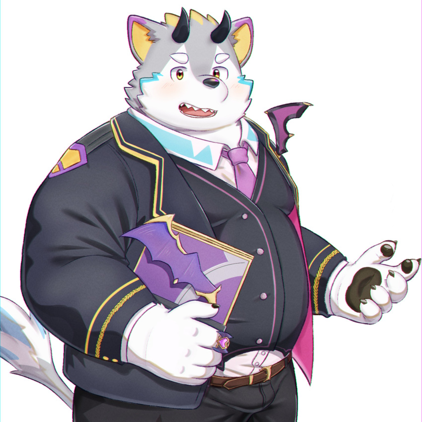 absurd_res anthro belly belphegor_(tas) belt blush book clothing demon formal_clothing fur grey_body grey_fur hi_res horn kemono lifewonders looking_at_viewer male moobs necktie overweight pawpads ruoain solo spellbook suit tokyo_afterschool_summoners topwear vest