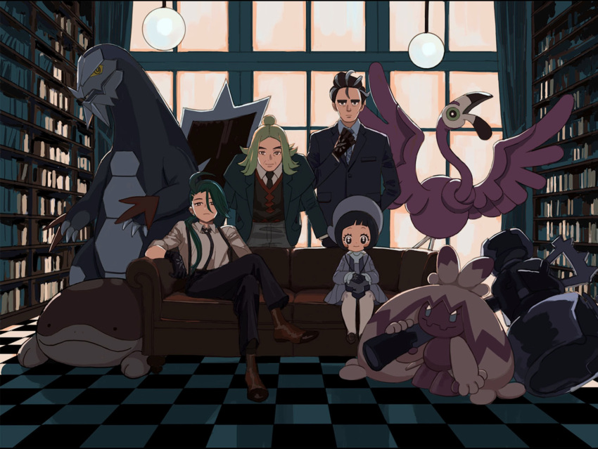 2boys 2girls baxcalibur black_gloves black_hair black_jacket black_necktie black_pants blonde_hair bookshelf brown_footwear checkered_floor clodsire collared_shirt commentary_request couch dress flamigo gloves green_hair hassel_(pokemon) highres hiroko_(czdx7223) indoors jacket larry_(pokemon) library long_hair multiple_boys multiple_girls necktie pants pantyhose parted_bangs pokemon pokemon_(creature) pokemon_sv poppy_(pokemon) rika_(pokemon) shirt shoes short_hair sitting suspenders tinkaton vest