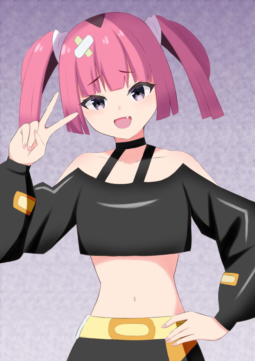 1girl :d absurdres akaasha_(vwdt4435) bare_shoulders belt black_choker black_shirt choker collarbone commentary_request coral_(pokemon) fang hair_ornament hand_on_own_hip hand_up happy highres looking_at_viewer navel off-shoulder_shirt off_shoulder open_mouth pink_hair pokemon pokemon_(anime) pokemon_horizons raised_eyebrows shirt smile solo twintails v yellow_belt