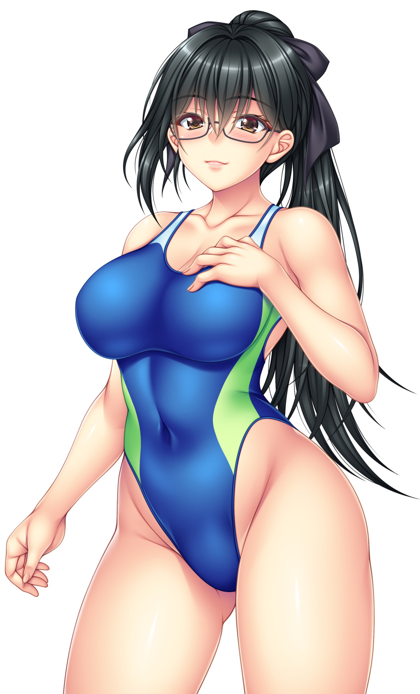 1girl absurdres black_hair black_ribbon blue_one-piece_swimsuit breasts brown_eyes collarbone competition_swimsuit covered_navel hair_ribbon hand_on_own_chest highleg highleg_swimsuit highres hikinomiya_komori indie_virtual_youtuber large_breasts long_hair one-piece_swimsuit ponytail ribbon simple_background solo swimsuit umamake_genko virtual_youtuber white_background