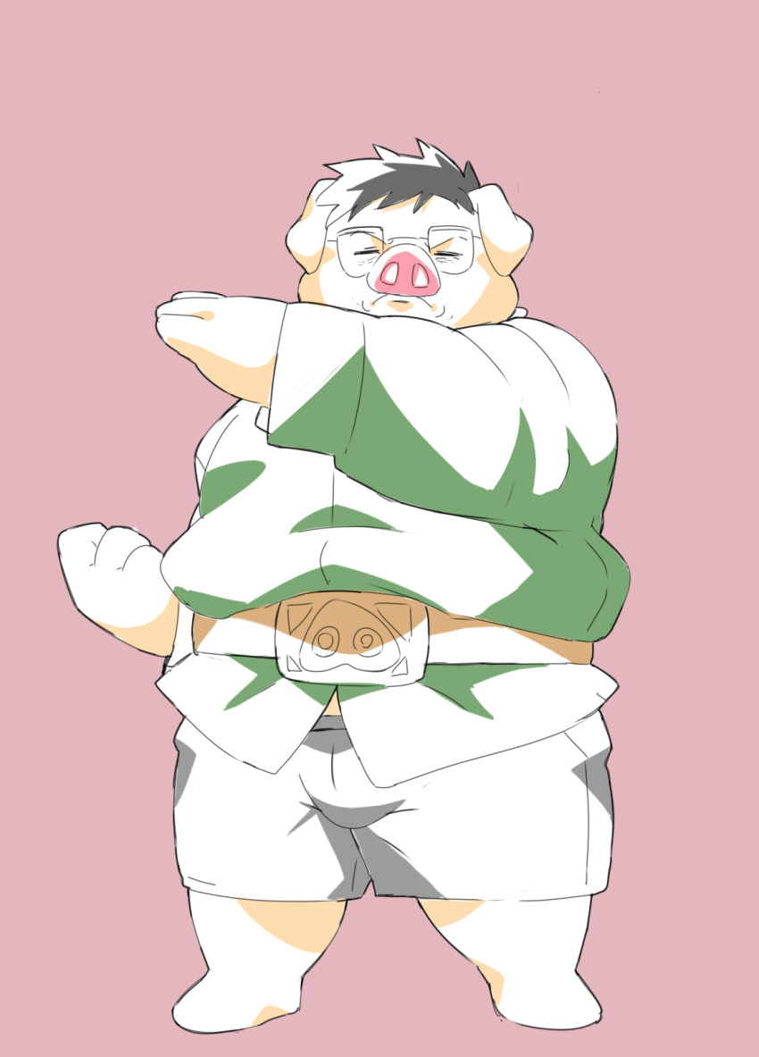 2022 anthro bottomwear clothing domestic_pig eyes_closed eyewear glasses hi_res inunoshippo kemono male mammal overweight overweight_male shirt shorts simple_background solo suid suina sus_(pig) topwear