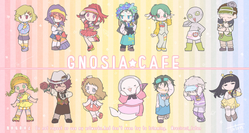 2others 5boys 6+girls aqua_coat bare_shoulders beluga_whale black_hair cat chibi chipie_(gnosia) coat comet_(gnosia) english_text everyone facepaint facial_mark fake_antennae feathers fingerless_gloves forehead_mark gina_(gnosia) gloves gnosia green_feathers grey_eyes grey_hair hair_between_eyes highres jonas_(gnosia) kukrushka_(gnosia) long_hair long_sleeves looking_at_viewer male_focus multiple_boys multiple_girls multiple_others other_focus otome_(gnosia) pink_hair raciraci_tatan raqio remnan_(gnosia) setsu_(gnosia) sha-ming shigemichi short_hair simple_background smile sq_(gnosia) stella_(gnosia) title upper_body yuriko_(gnosia)