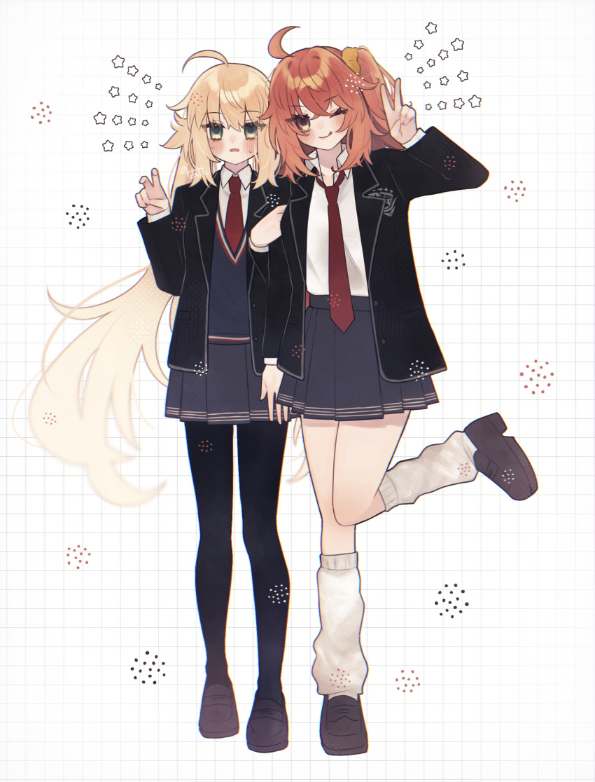 2girls ;p ahoge alternate_costume artoria_caster_(fate) artoria_pendragon_(fate) asymmetrical_hair black_jacket black_pantyhose blazer blonde_hair brown_footwear closed_mouth collared_shirt commentary_request fate/grand_order fate_(series) fujimaru_ritsuka_(female) full_body green_eyes grey_skirt hair_ornament hair_scrunchie highres jacket loafers looking_at_viewer loose_socks multiple_girls necktie noa_pisces one_eye_closed one_side_up open_clothes open_jacket orange_eyes orange_scrunchie pantyhose parted_lips red_necktie school_uniform scrunchie shirt shirt_tucked_in shoes short_hair simple_background skirt smile socks star_(symbol) sweat tongue tongue_out twintails v white_background white_shirt white_socks