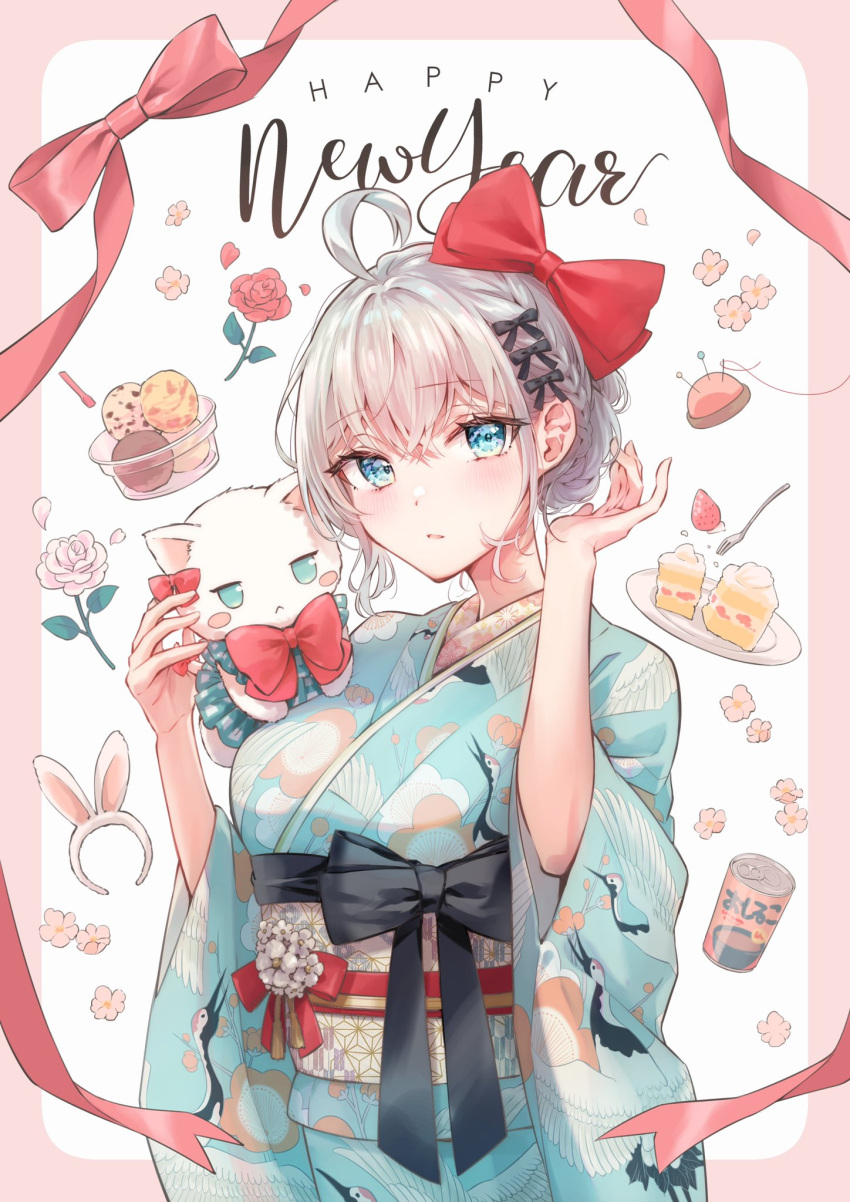 ahoge alisa_mikhailovna_kujou black_bow blue_eyes blush border bow bowtie braid breasts cake can commentary_request doughnut floral_print_kimono flower food hair_between_eyes hair_bow hands_up happy_new_year head_tilt highres holding holding_stuffed_toy japanese_clothes kimono large_breasts looking_at_viewer parted_lips pink_border pink_flower pink_rose red_bow red_bowtie red_flower red_rose rose strawberry_shortcake stuffed_toy tenacitysaho tokidoki_bosotto_roshia-go_de_dereru_tonari_no_arya-san white_background white_hair