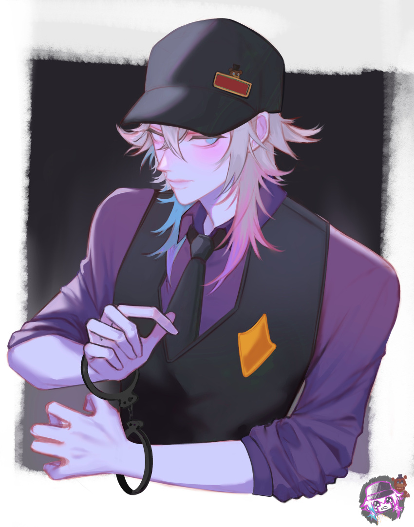 1boy absurdres alternate_costume black_necktie blue_eyes blue_hair blush closed_mouth collared_shirt commentary cuffs futo_(tofuutoufofuto) gavis_bettel grey_hair hair_between_eyes handcuffs hat heterochromia highres holostars holostars_english looking_to_the_side makeup male_focus multicolored_hair necktie pink_eyes pink_hair purple_shirt shirt short_hair solo upper_body virtual_youtuber