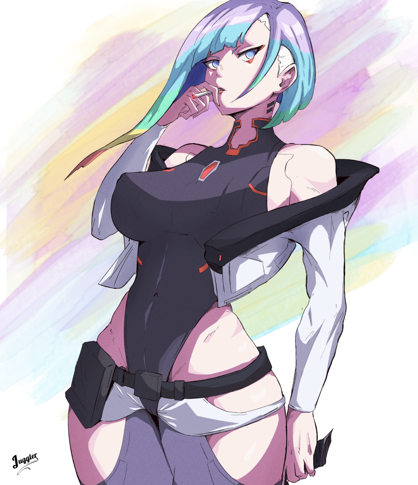 absurdres belt black_belt black_leotard blue_eyes breasts cyberpunk cyberpunk_(series) cyberpunk_edgerunners cyborg highres jacket juggler_(sun_juggler) leotard looking_at_viewer lucy_(cyberpunk) open_clothes open_jacket short_hair shorts smoking white_jacket white_shorts