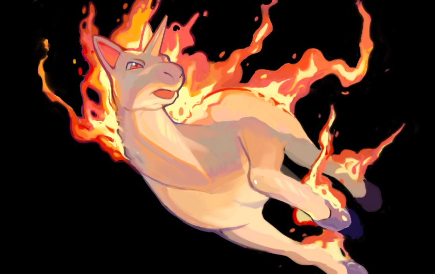 =_(9_yawbus) black_background fiery_hair fire horns horse pokemon pokemon_(creature) rapidash red_eyes simple_background single_horn solo unicorn